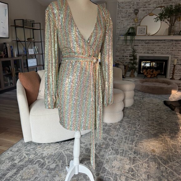 *NWT*Bebe Rainbow Sequin Tie Front Cocktail Dress - Picture 5 of 7